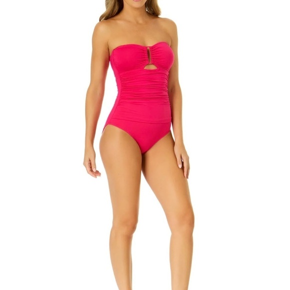 Anne Colle Live In Color Strapless Bandeau Keyhole Shirred One Piece Swimsuit - Picture 1 of 10